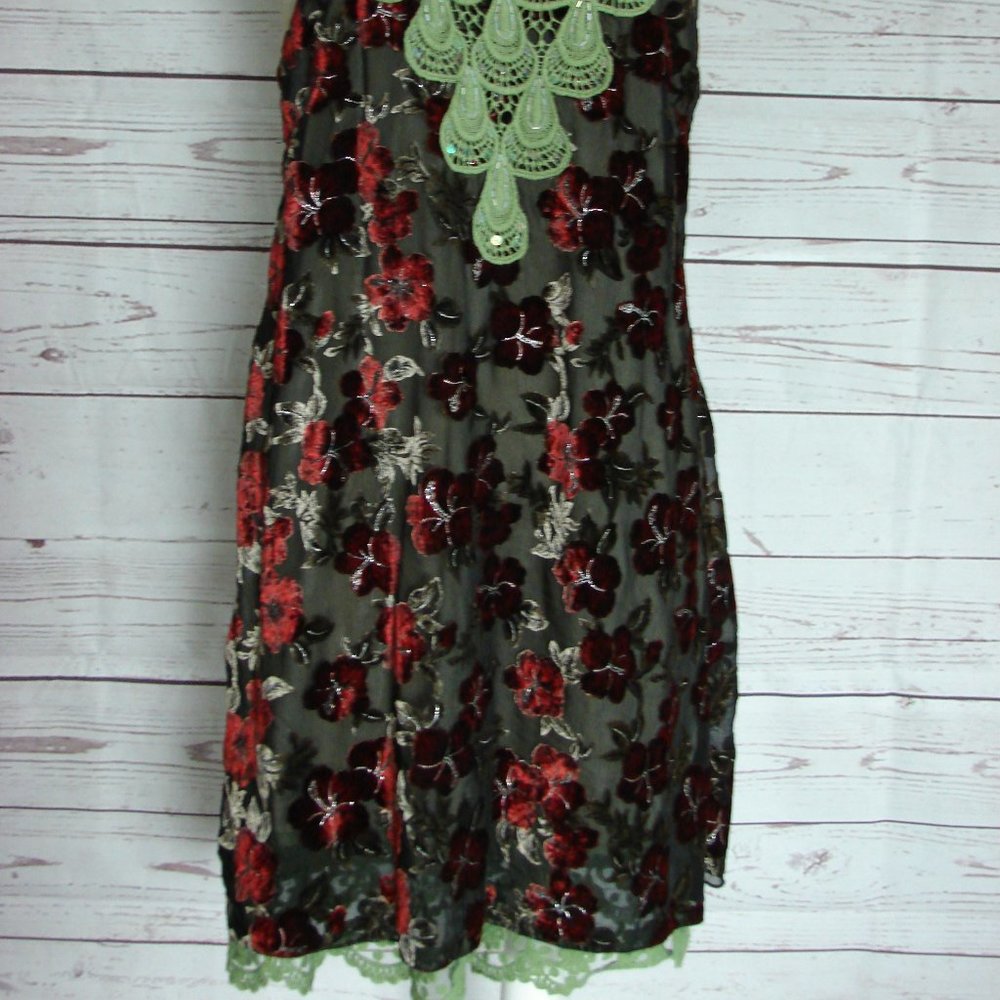 Floral Velvet Burn Out Burgundy Green Lace Dress L - Picture 4 of 16